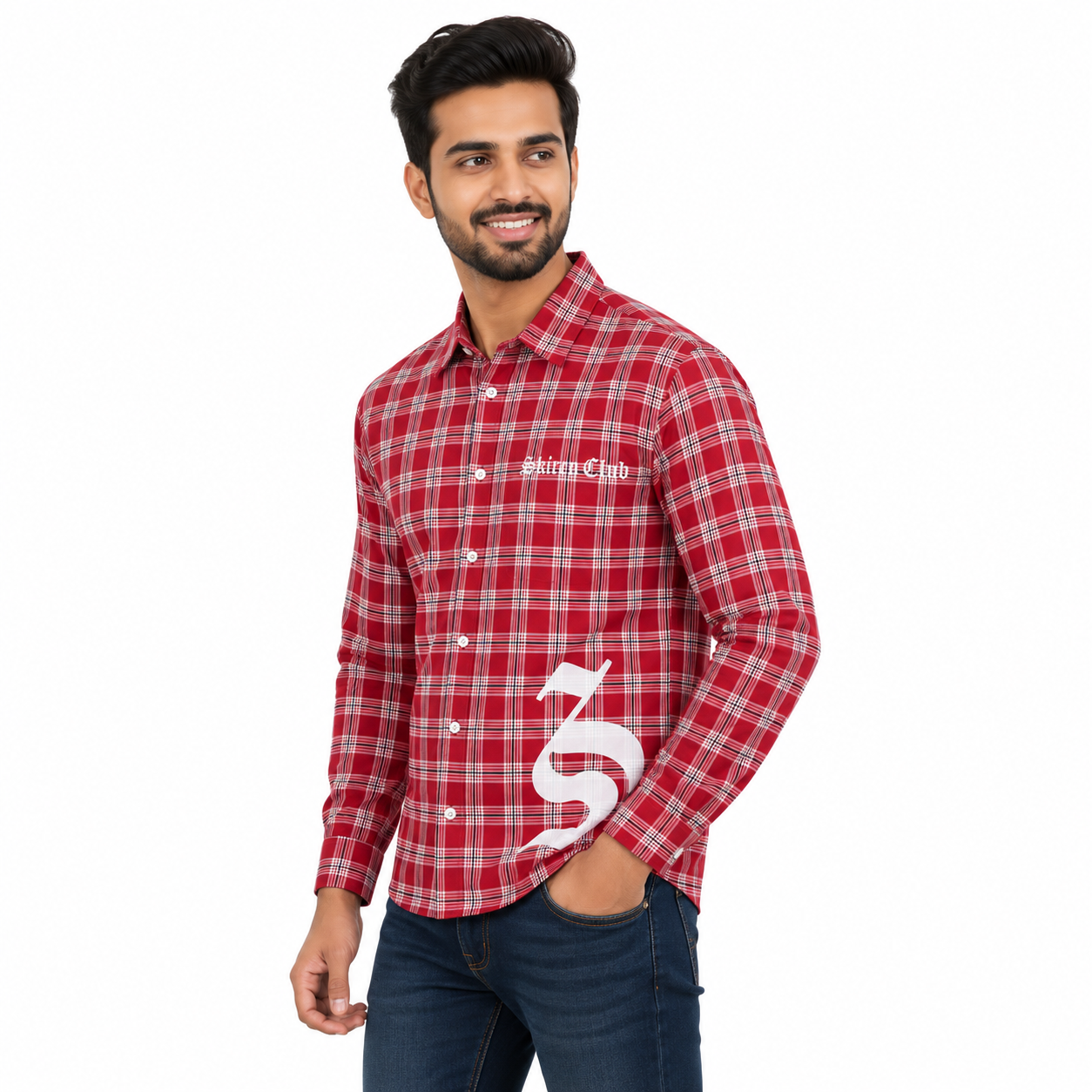 Men's Red & White Checked Full Sleeve Casual Shirt with Gothic Graphic Print | Regular Fit Cotton Plaid Shirt