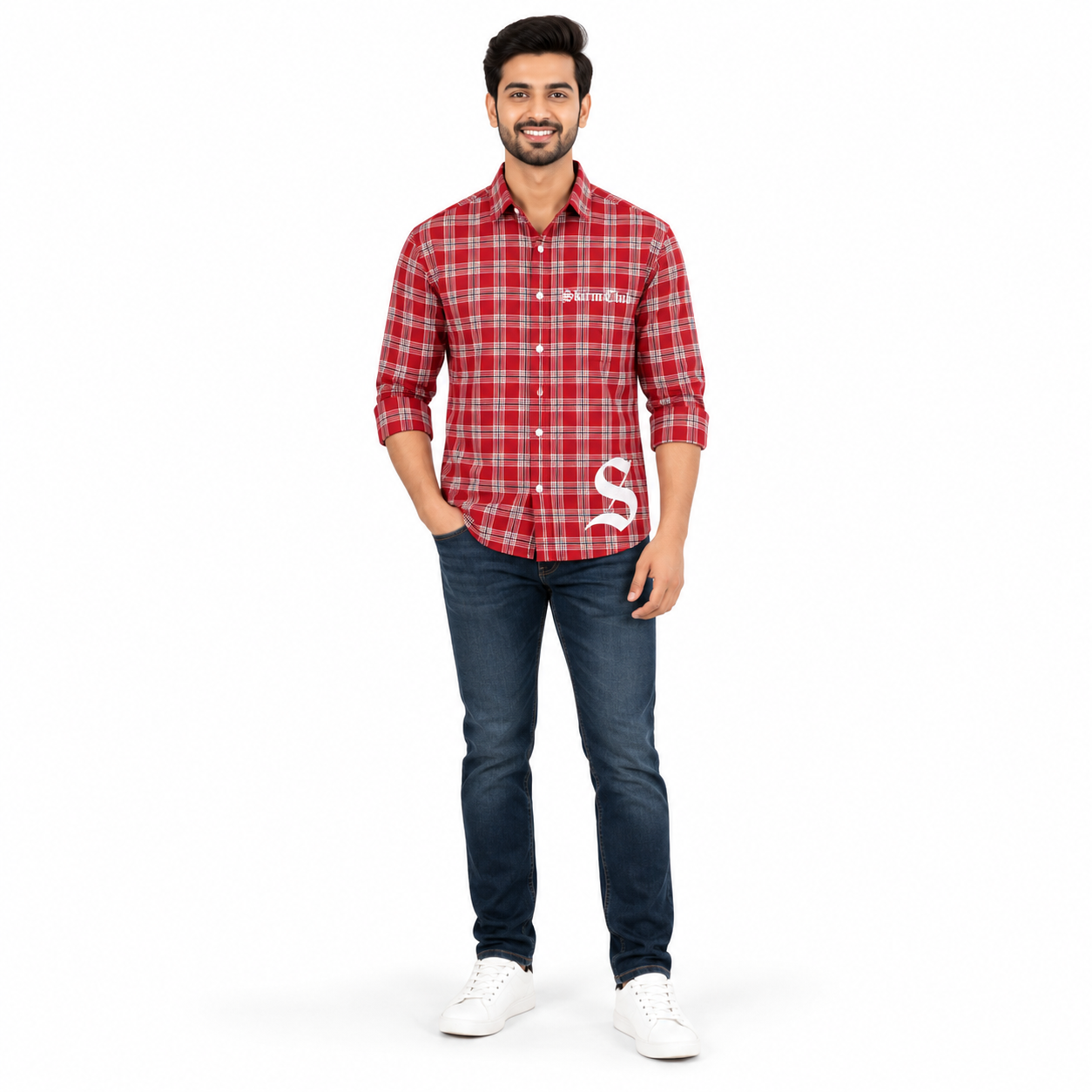 Men's Red & White Checked Full Sleeve Casual Shirt with Gothic Graphic Print | Regular Fit Cotton Plaid Shirt - Image 2