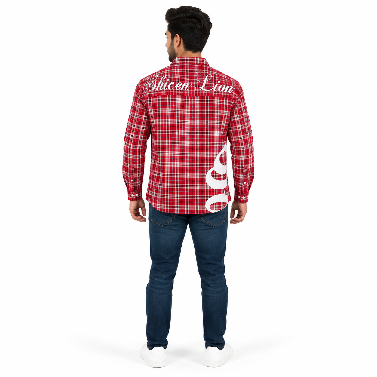 Men's Red & White Checked Full Sleeve Casual Shirt with Gothic Graphic Print | Regular Fit Cotton Plaid Shirt - Image 3