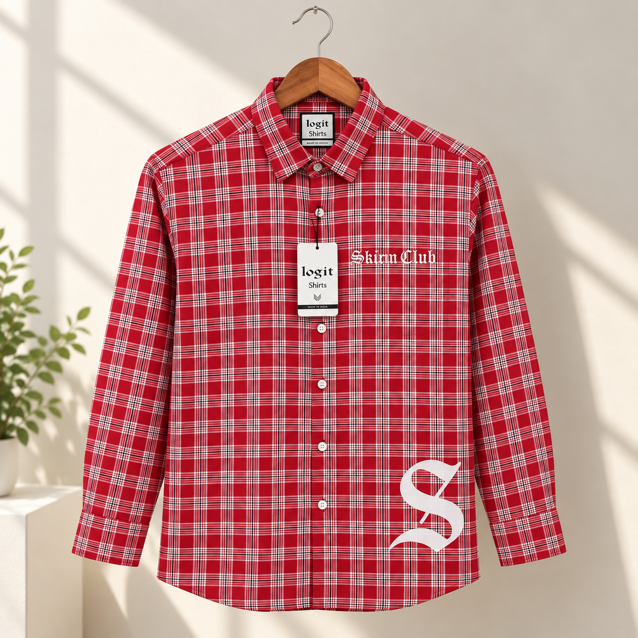 Men's Red & White Checked Full Sleeve Casual Shirt with Gothic Graphic Print | Regular Fit Cotton Plaid Shirt - Image 4