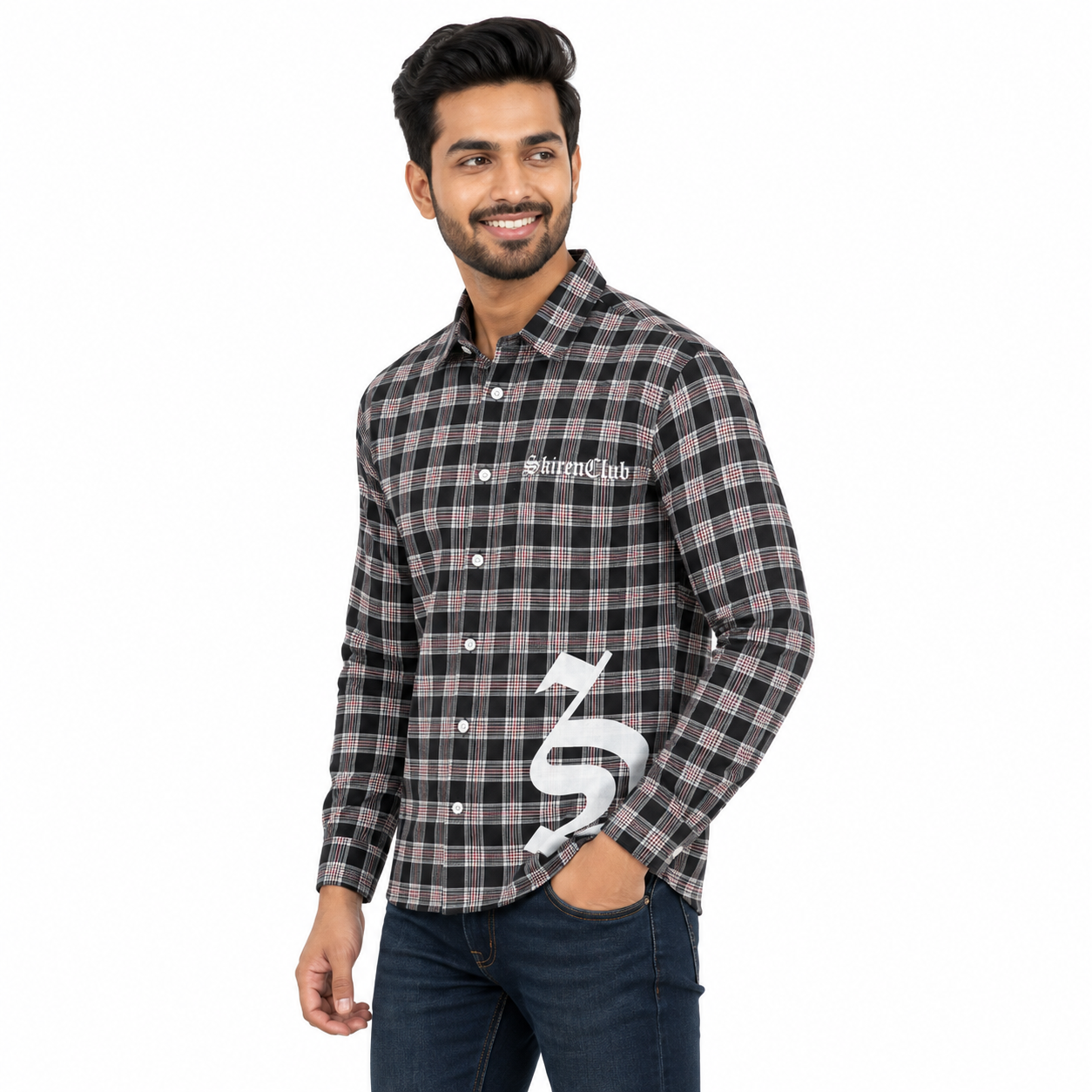 Men's Black & White Checked Full Sleeve Casual Shirt with Gothic Graphic Print | Regular Fit Cotton Plaid Shirt