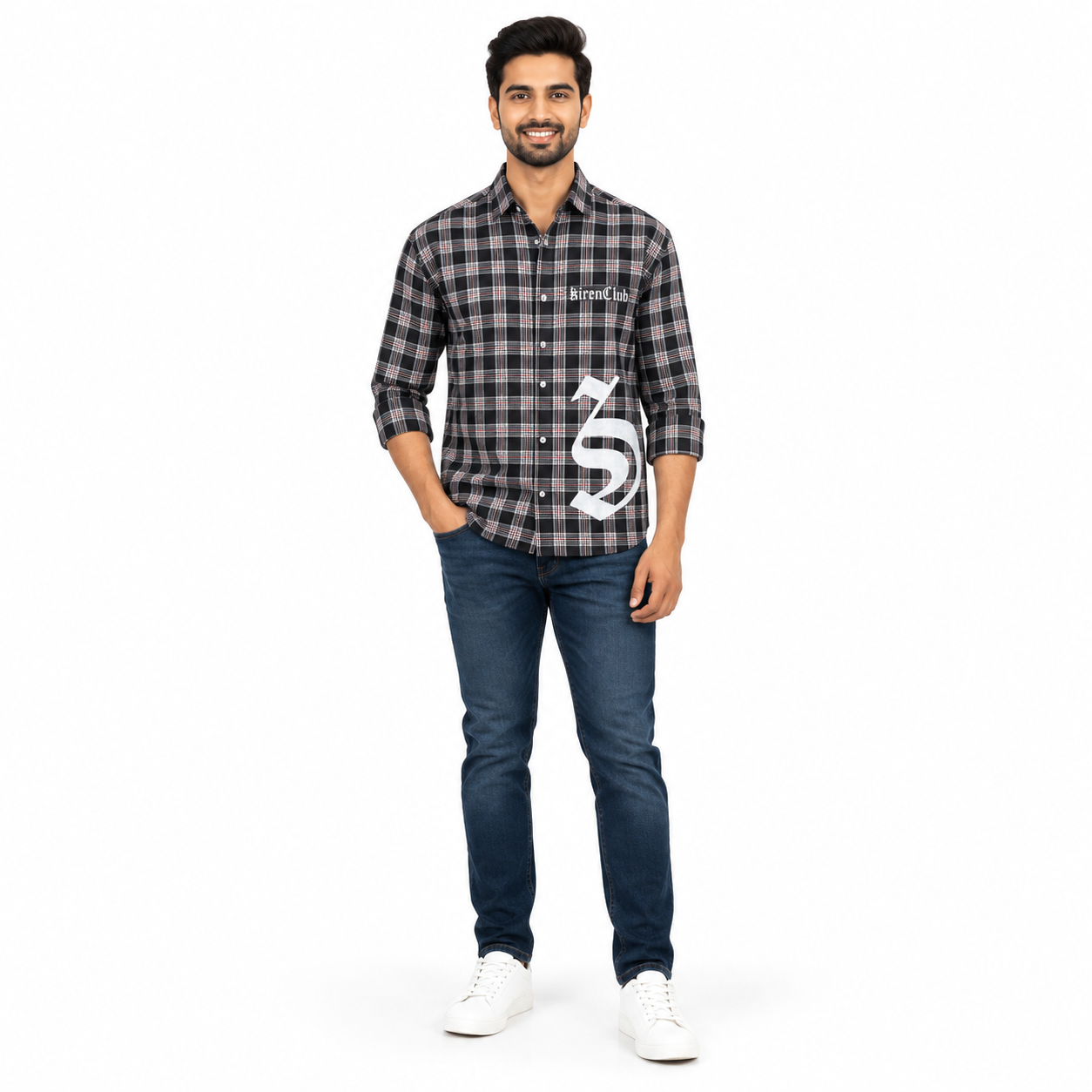 Men's Black & White Checked Full Sleeve Casual Shirt with Gothic Graphic Print | Regular Fit Cotton Plaid Shirt - Image 2