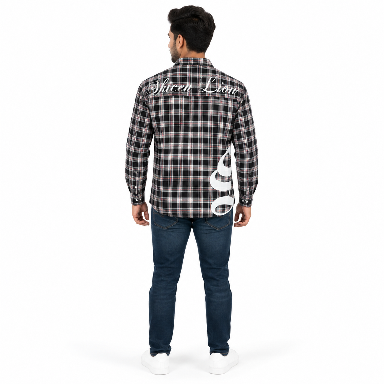 Men's Black & White Checked Full Sleeve Casual Shirt with Gothic Graphic Print | Regular Fit Cotton Plaid Shirt - Image 3