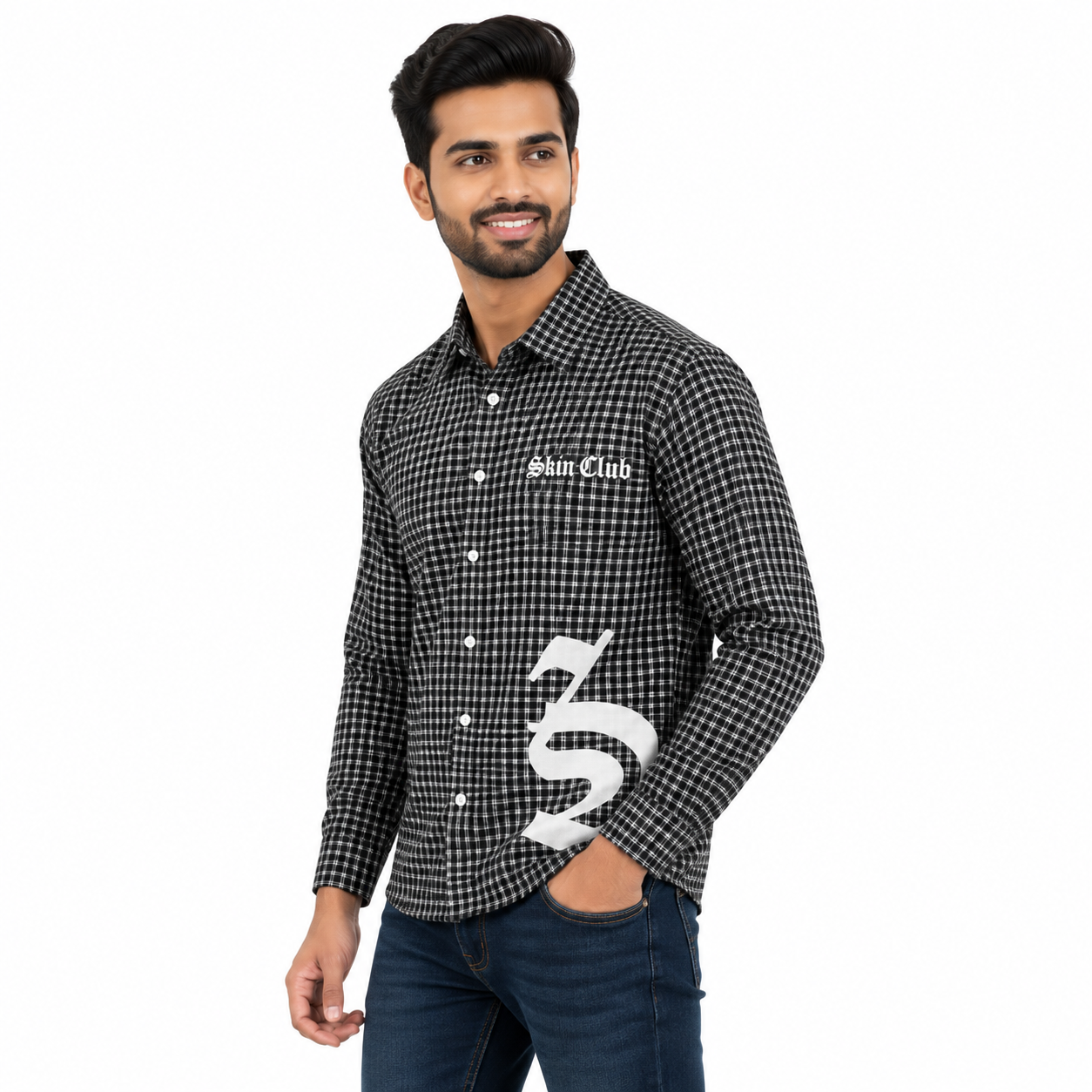 Men's Black & White Mini Checked Full Sleeve Casual Shirt with Gothic Graphic Print | Regular Fit Cotton Check Shirt