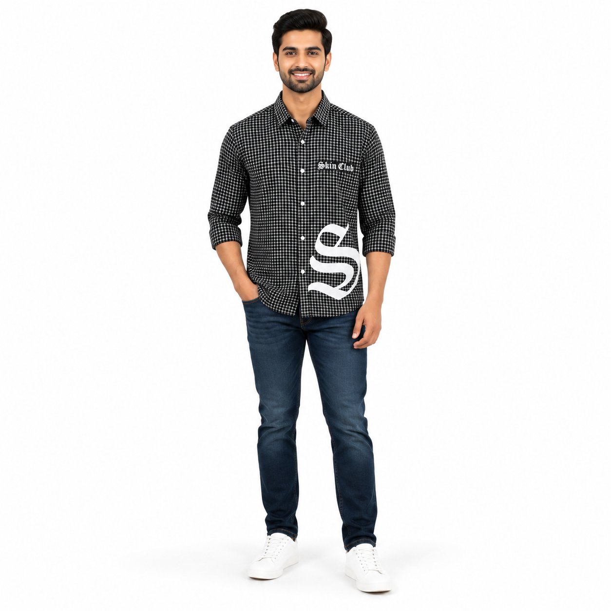 Men's Black & White Mini Checked Full Sleeve Casual Shirt with Gothic Graphic Print | Regular Fit Cotton Check Shirt - Image 2