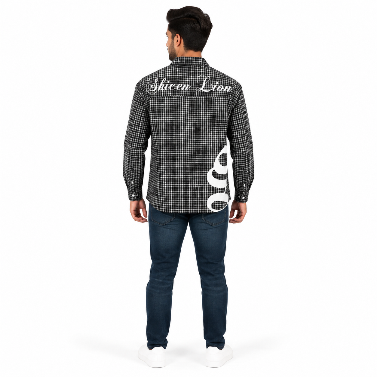 Men's Black & White Mini Checked Full Sleeve Casual Shirt with Gothic Graphic Print | Regular Fit Cotton Check Shirt - Image 3