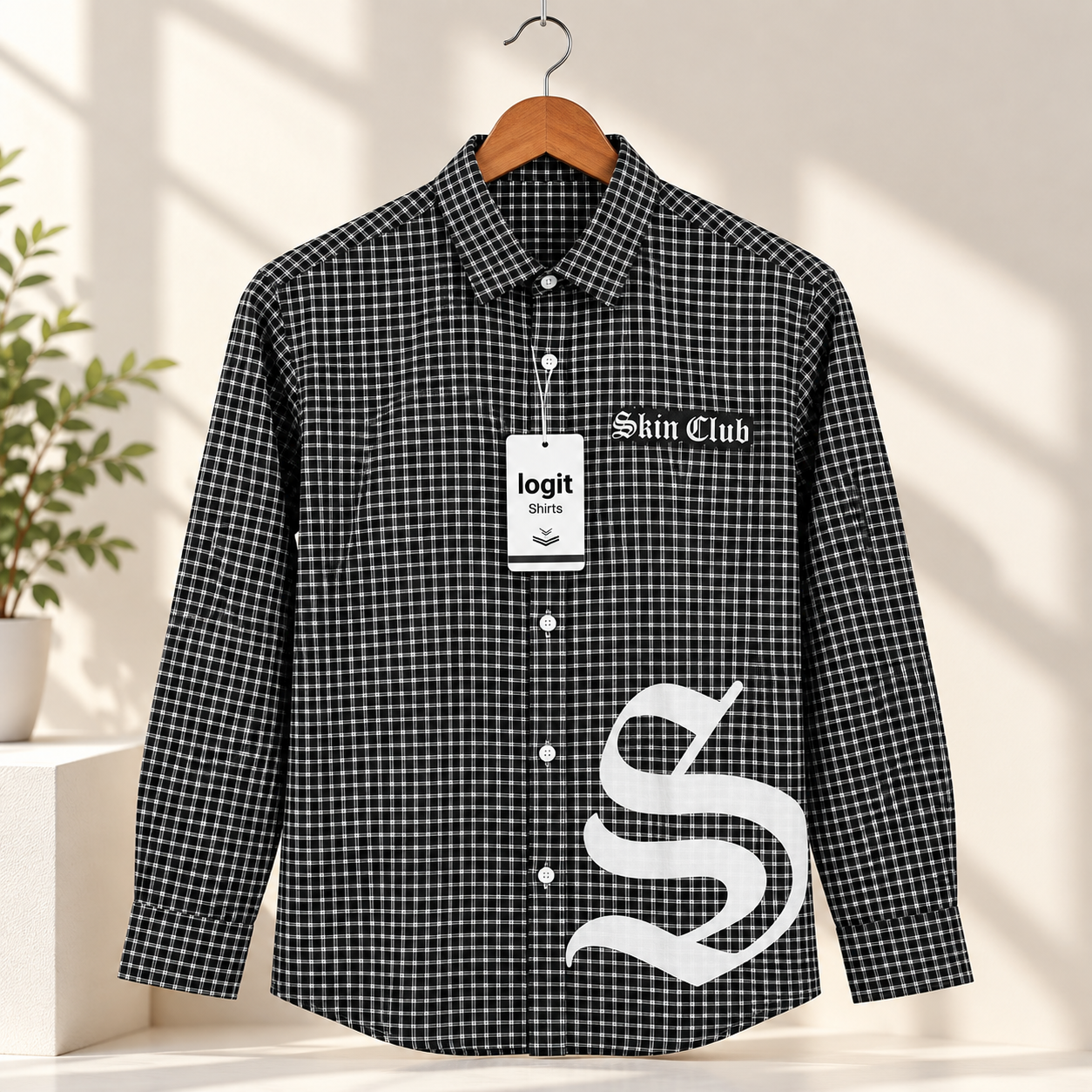 Men's Black & White Mini Checked Full Sleeve Casual Shirt with Gothic Graphic Print | Regular Fit Cotton Check Shirt - Image 4