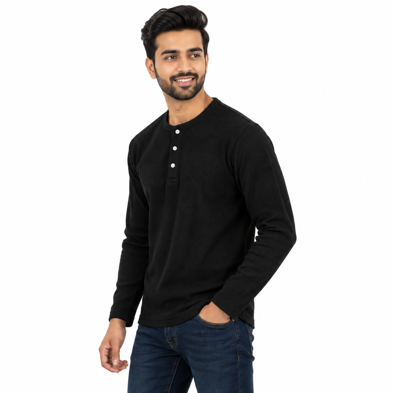 Men's Black Ribbed Henley Neck Full Sleeve T-Shirt | Slim Fit Cotton Rib Knit Casual Tee