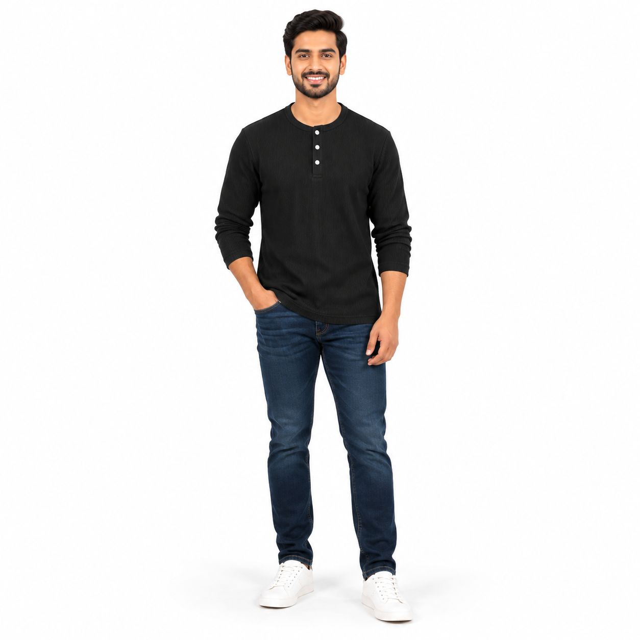 Men's Black Ribbed Henley Neck Full Sleeve T-Shirt | Slim Fit Cotton Rib Knit Casual Tee - Image 2