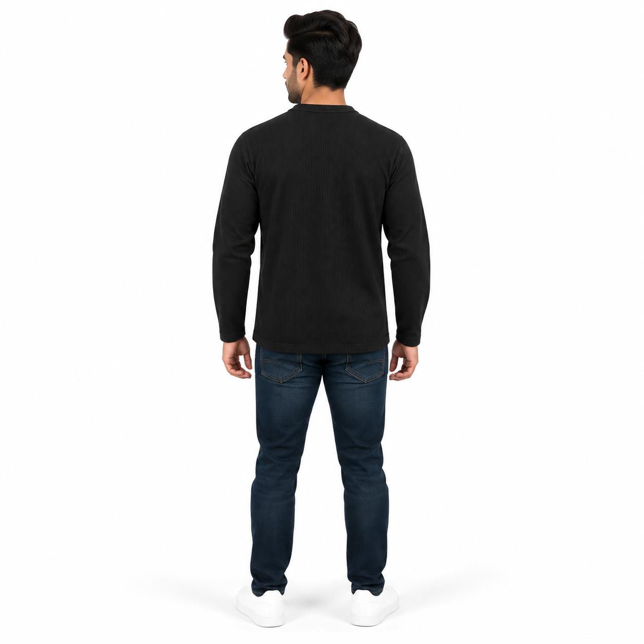 Men's Black Ribbed Henley Neck Full Sleeve T-Shirt | Slim Fit Cotton Rib Knit Casual Tee - Image 3