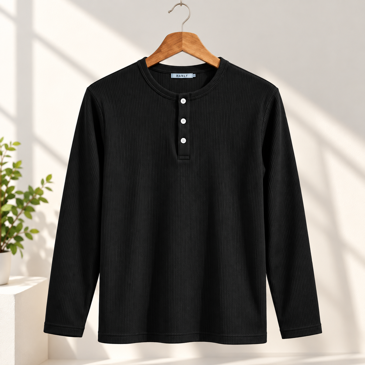Men's Black Ribbed Henley Neck Full Sleeve T-Shirt | Slim Fit Cotton Rib Knit Casual Tee - Image 4