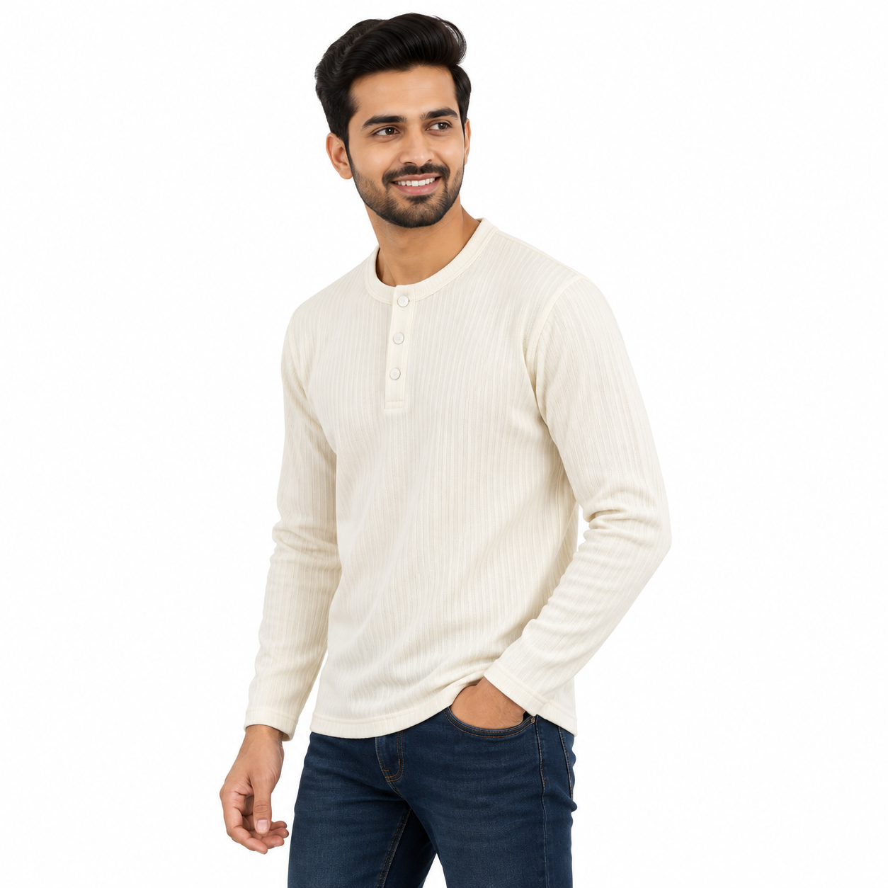 Men's Off-White Ribbed Henley Neck Full Sleeve T-Shirt | Regular Fit Textured Rib Knit Casual Tee