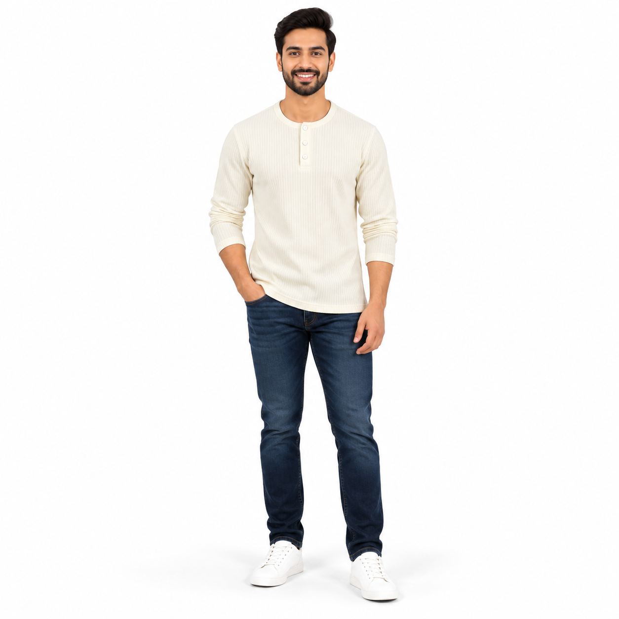 Men's Off-White Ribbed Henley Neck Full Sleeve T-Shirt | Regular Fit Textured Rib Knit Casual Tee - Image 2