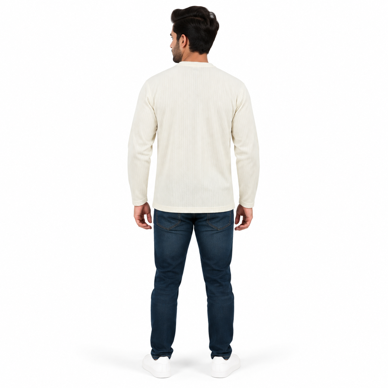 Men's Off-White Ribbed Henley Neck Full Sleeve T-Shirt | Regular Fit Textured Rib Knit Casual Tee - Image 3