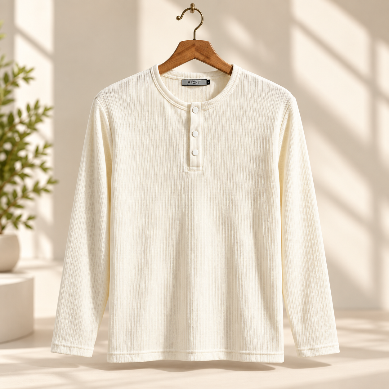 Men's Off-White Ribbed Henley Neck Full Sleeve T-Shirt | Regular Fit Textured Rib Knit Casual Tee - Image 4