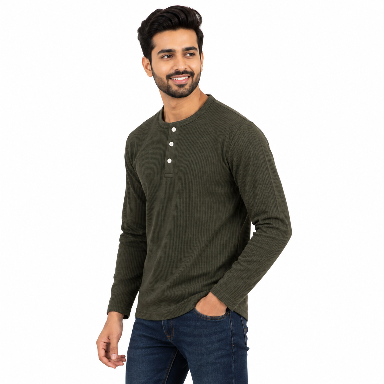 Men's Olive Green Ribbed Henley Neck Full Sleeve T-Shirt | Regular Fit Textured Rib Knit Casual Tee