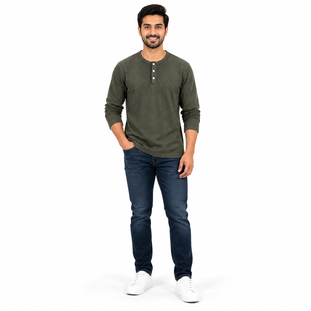 Men's Olive Green Ribbed Henley Neck Full Sleeve T-Shirt | Regular Fit Textured Rib Knit Casual Tee - Image 2