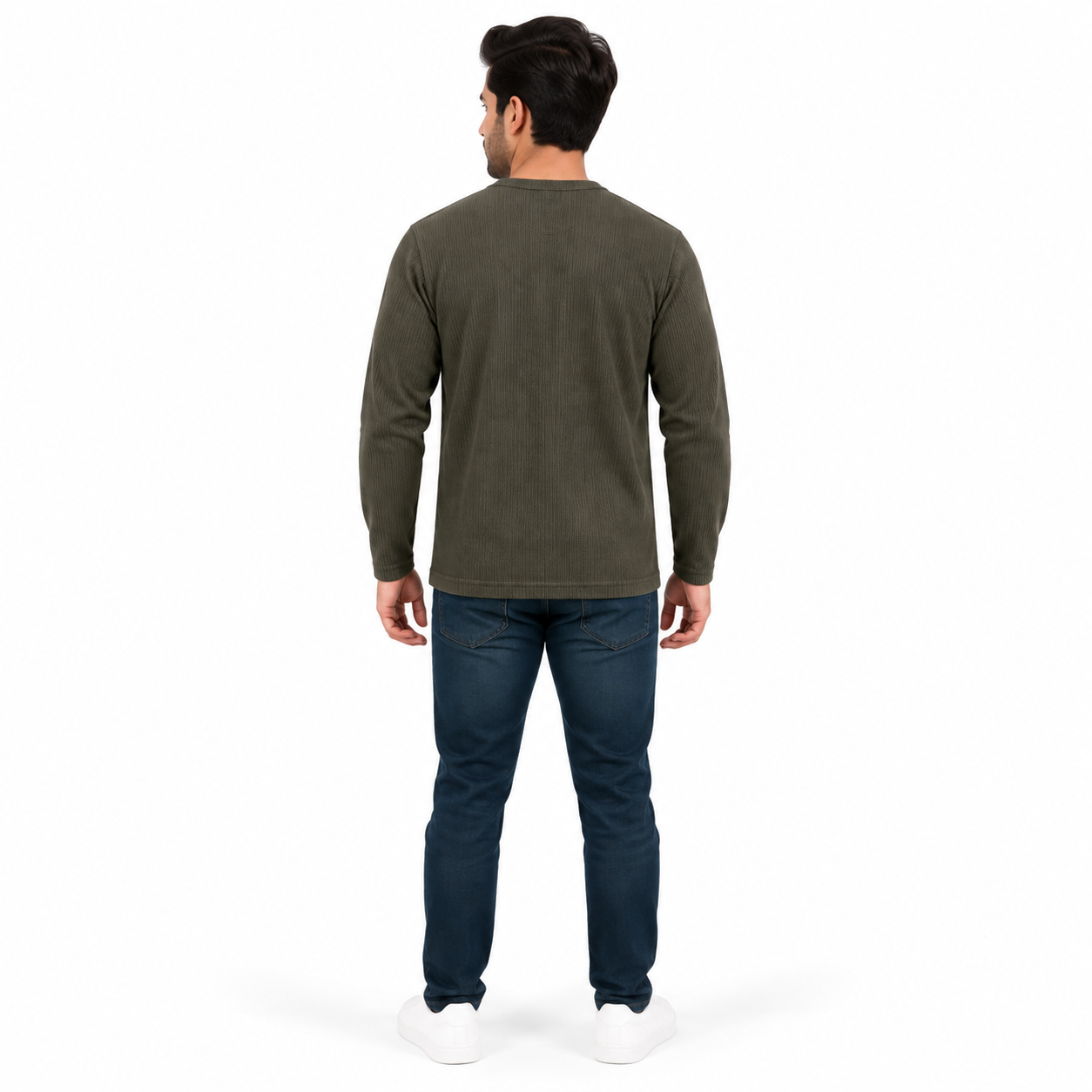 Men's Olive Green Ribbed Henley Neck Full Sleeve T-Shirt | Regular Fit Textured Rib Knit Casual Tee - Image 3