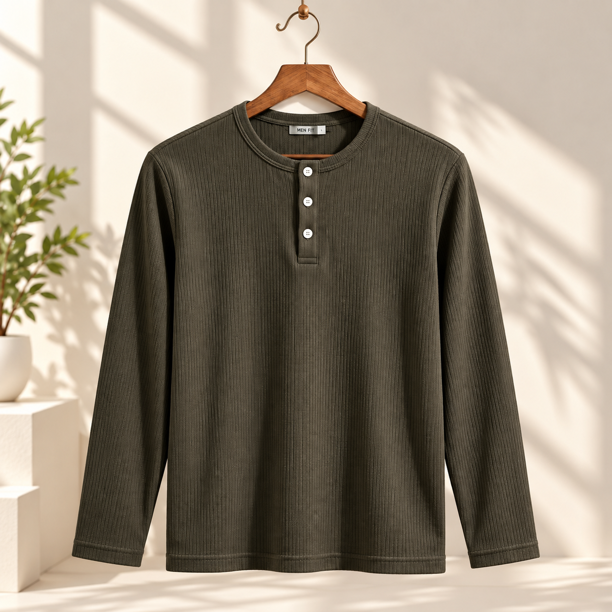Men's Olive Green Ribbed Henley Neck Full Sleeve T-Shirt | Regular Fit Textured Rib Knit Casual Tee - Image 4
