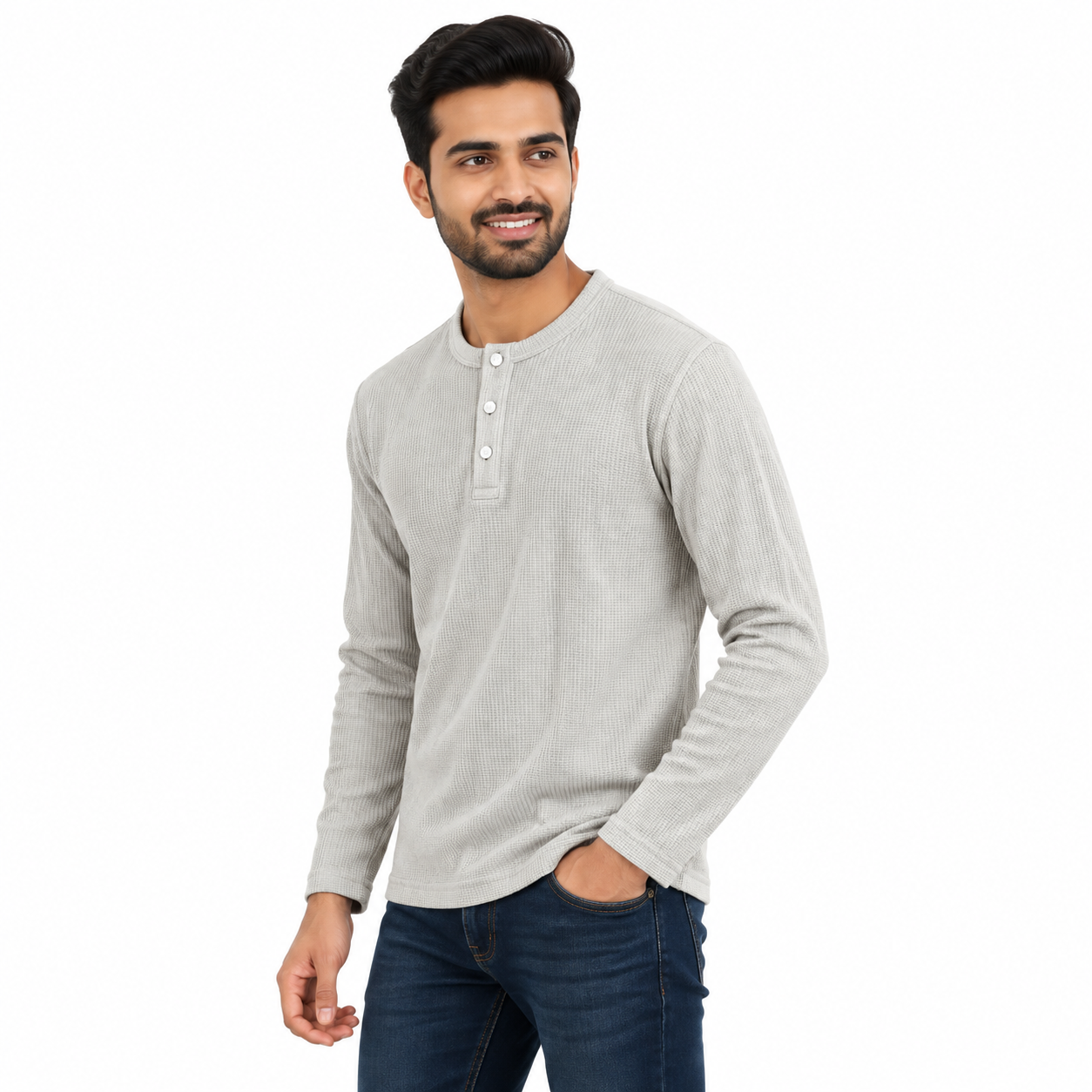 Men's Light Grey Ribbed Henley Neck Full Sleeve T-Shirt | Regular Fit Textured Rib Knit Casual Tee