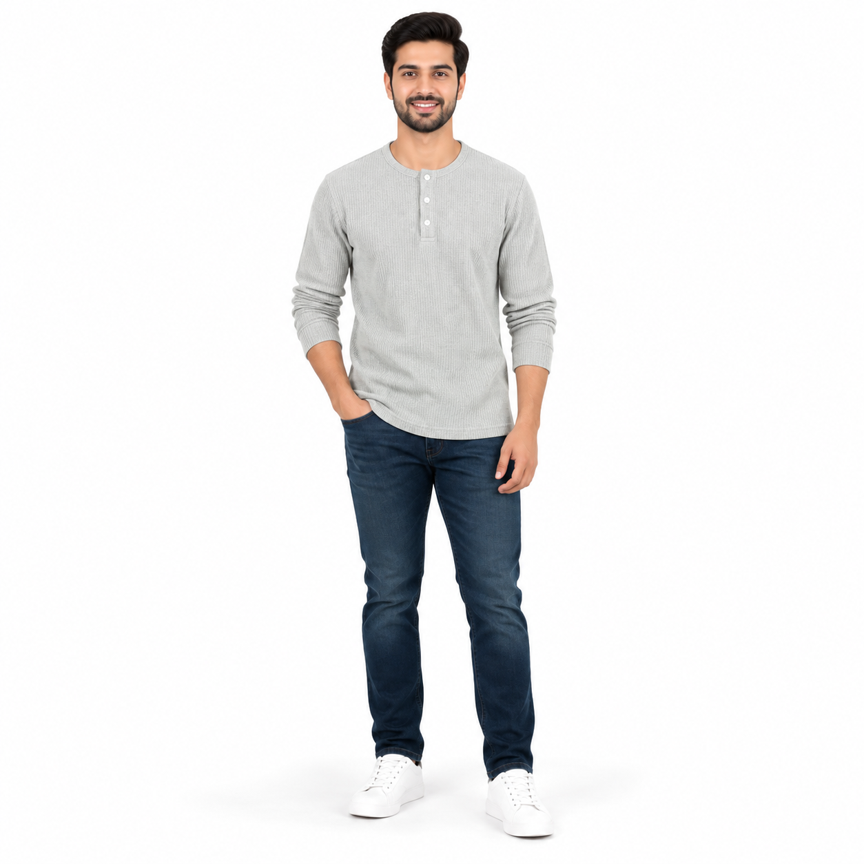 Men's Light Grey Ribbed Henley Neck Full Sleeve T-Shirt | Regular Fit Textured Rib Knit Casual Tee - Image 2