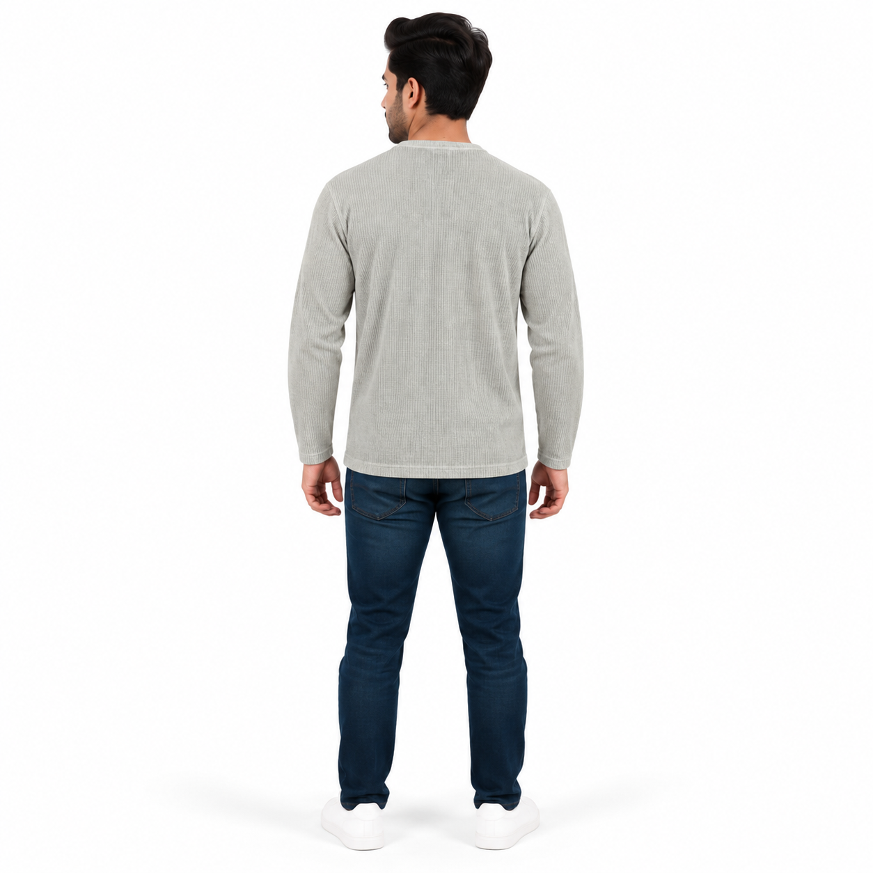 Men's Light Grey Ribbed Henley Neck Full Sleeve T-Shirt | Regular Fit Textured Rib Knit Casual Tee - Image 3
