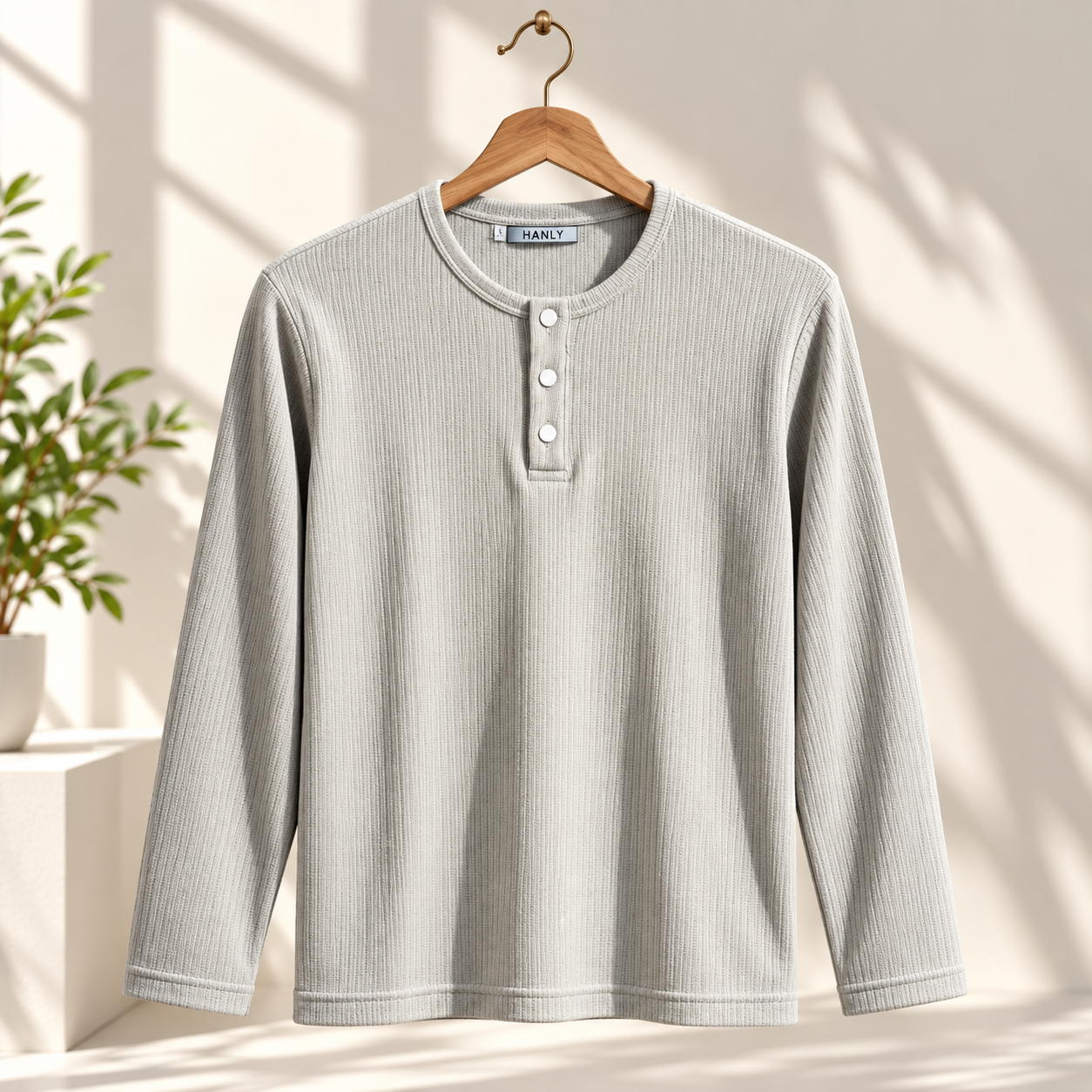 Men's Light Grey Ribbed Henley Neck Full Sleeve T-Shirt | Regular Fit Textured Rib Knit Casual Tee - Image 4